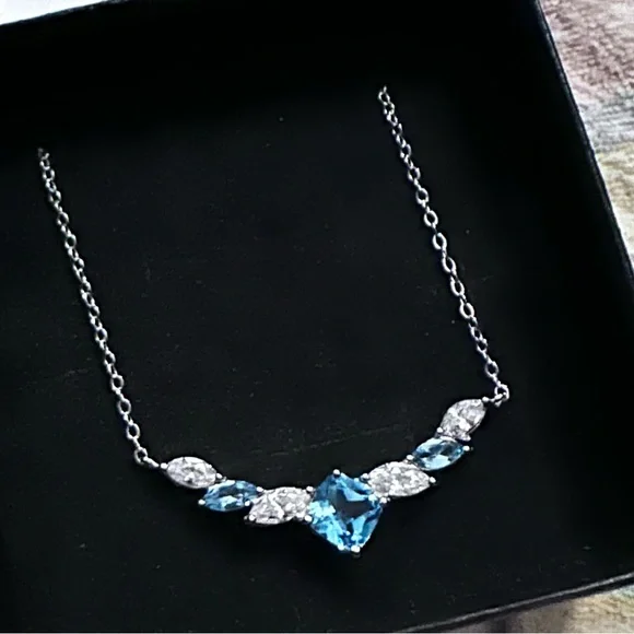 Sterling Silver 925  18” Blue Topaz and CZ Stone Necklace NEW - Picture 4 of 8